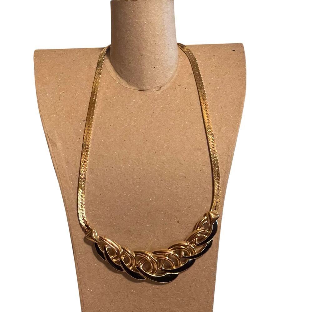 Vintage Trifari Necklace Herringbone Necklace Gold Tone Black Enamel Bib Choker